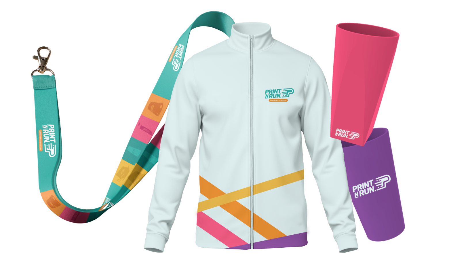 Chaqueta, lanyard y vasos personalizados